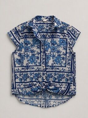 Blue Floral Tie-Hem Button-Up Shirt